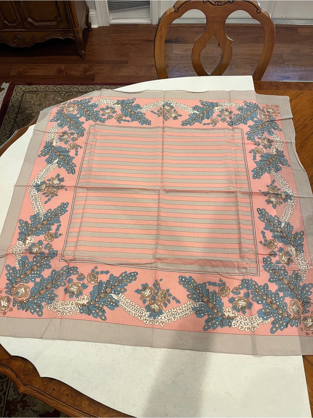 Vintage pink and blue Floral striped large Scarf. Totally boho farmhouse!